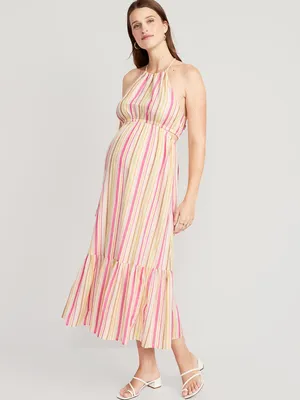 Maternity Waist-Defined Striped Halter Maxi Dress