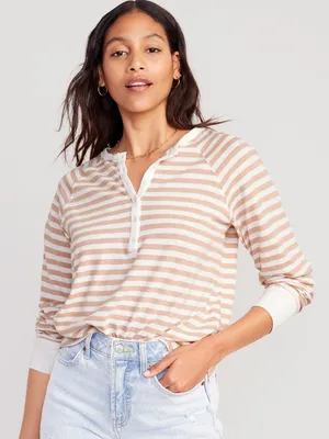Long-Sleeve Striped Henley T-Shirt for Women