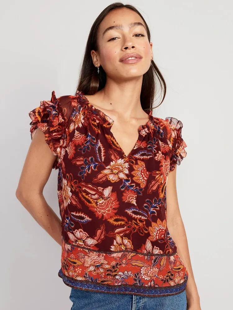 Ruffle-Trim Smocked Floral Top for Women