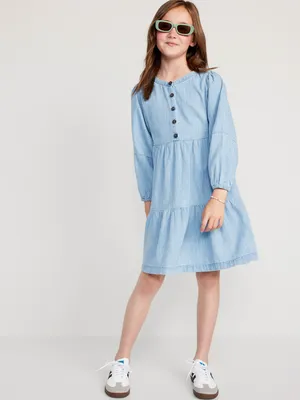 Long-Sleeve Button-Front Tiered Swing Dress for Girls