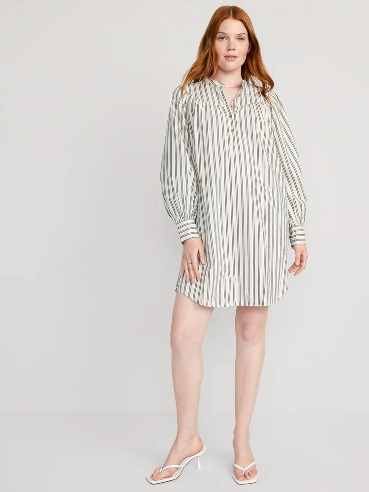 Long-Sleeve Striped Cotton-Poplin Mini Swing Dress for Women