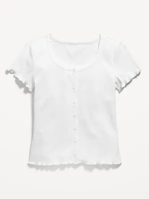Rib-Knit Lettuce-Edge Button-Front T-Shirt for Girls