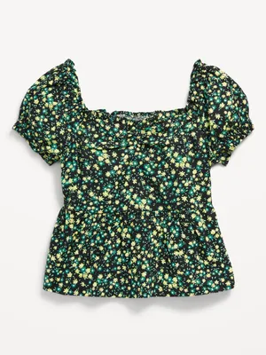 Printed Short Puff-Sleeve Smocked Top for Girls