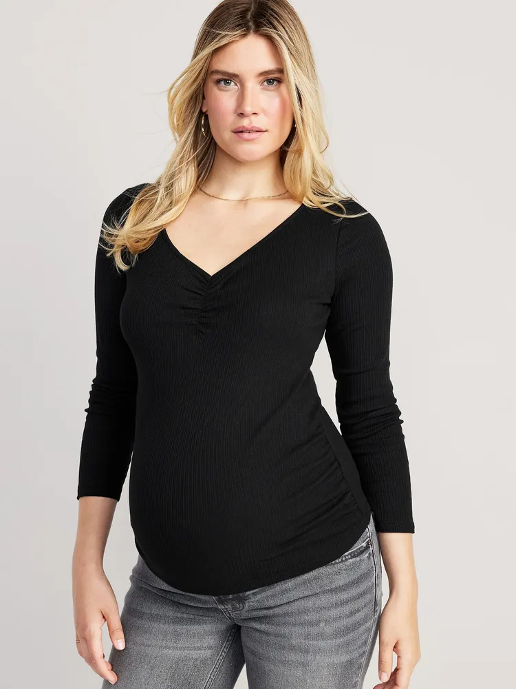 Long-Sleeve Cinched-Front Rib-Knit T-Shirt for Women
