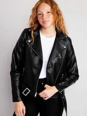 Faux-Leather Belted Biker Jacket for Women