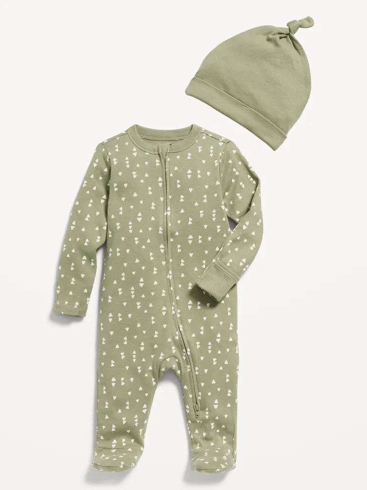 Unisex Sleep & Play 2-Way-Zip Footed One-Piece and Beanie Layette Set for Baby