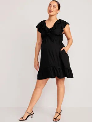 Maternity Waist-Defined Ruffle-Trim Dress