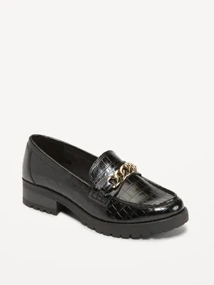 Faux-Leather Chunky Heel Loafer Shoes for Women