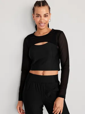 PowerSoft 2-in-1 Mesh-Sleeve Cropped Top for Women