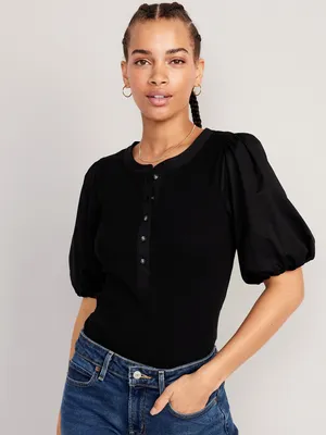 Fitted Puff-Sleeve Henley T-Shirt for Women