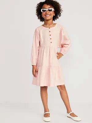 Long-Sleeve Button-Front Clip-Dot Swing Dress for Girls