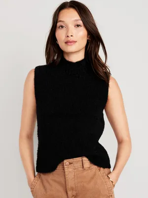 Sleeveless Mock-Neck Eyelash Sweater for Women