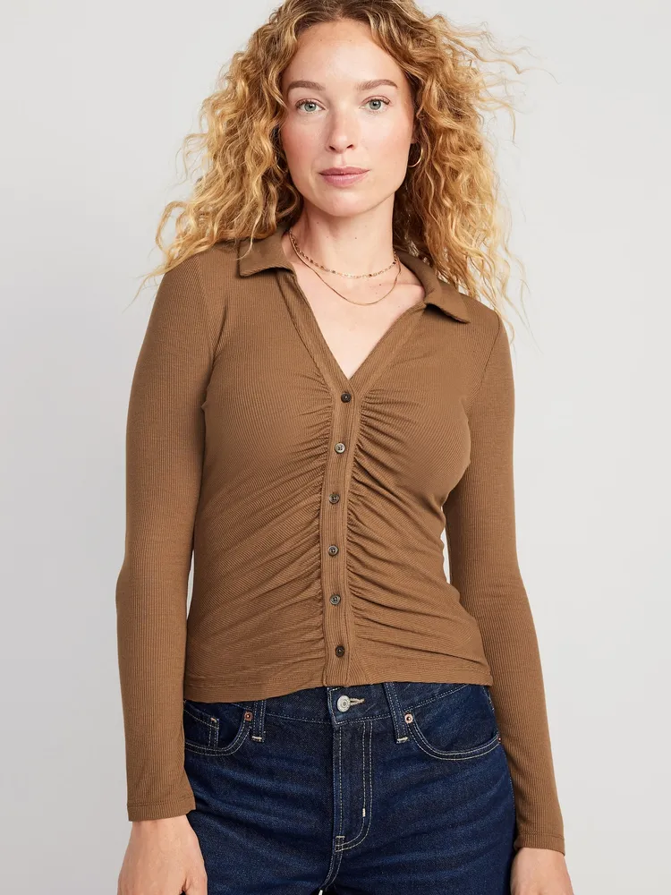 Fitted Long-Sleeve Button-Front Top for Women