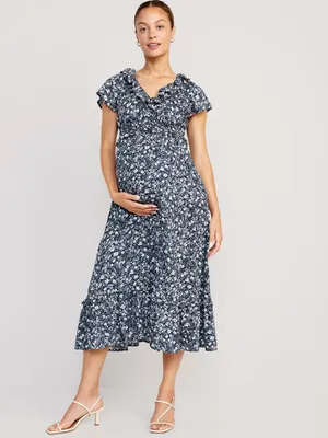 Maternity Waist-Defined Flutter-Sleeve Midi Dress