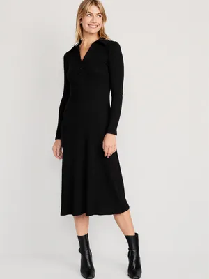 Fit & Flare Long-Sleeve Henley Midi Dress for Women