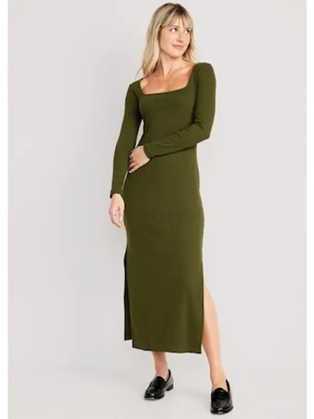 Fitted Rib-Knit Square-Neck Midi Dress