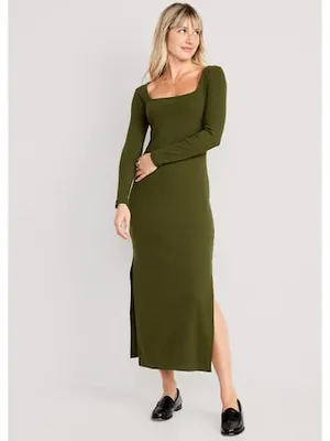 Fitted Rib-Knit Square-Neck Midi Dress for Women