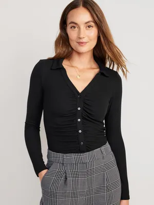 Fitted Long-Sleeve Button-Front Top for Women