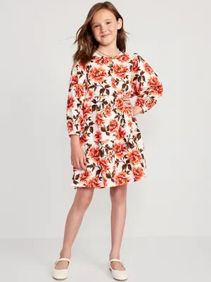 Long-Sleeve Button-Front Printed Swing Dress for Girls