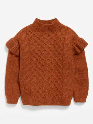 Mock-Neck Ruffle-Trim Cable-Knit Sweater for Toddler Girls
