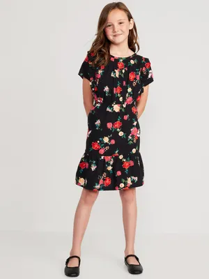 Matching Short-Sleeve Printed Ruffle-Trim Fit & Flare Dress for Girls