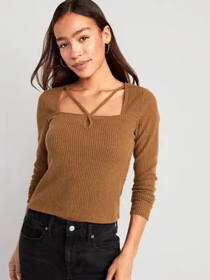 Fitted ong-Sleeve Strappy Keyhole Top