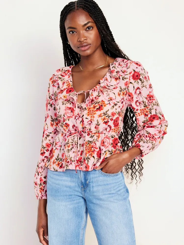 Old Navy Waist-Defined Ruffle-Trim Floral Top