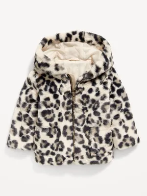 Faux-Fur Leopard-Print Hooded Zip Jacket for Baby
