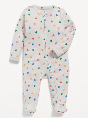 Unisex Heart-Print Sleep & Play 2-Way Zip Footed One-Piece for Baby