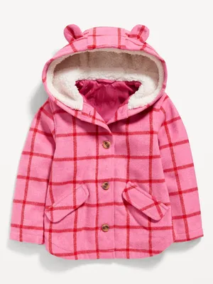Plaid Button-Front Critter Hooded Coat for Toddler Girls