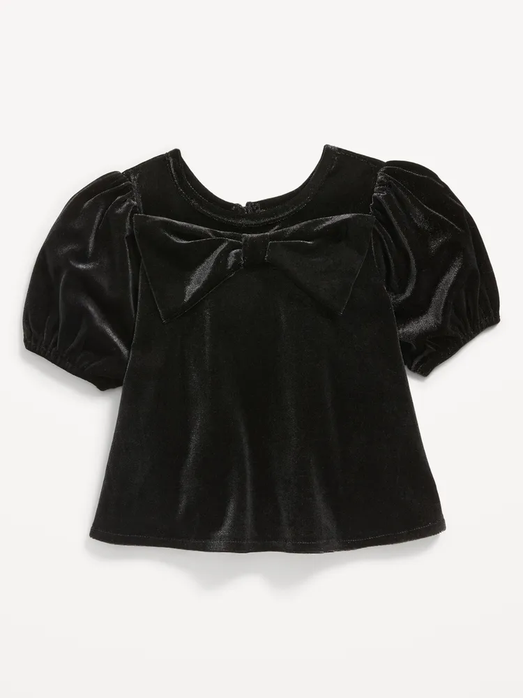 Velvet Puff-Sleeve Bow-Tie Top for Toddler Girls