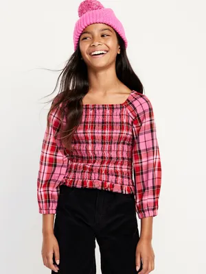 Long-Sleeve Plaid Smocked Top for Girls