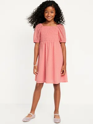 Chiffon Puff-Sleeve Smocked Clip-Dot Dress for Girls