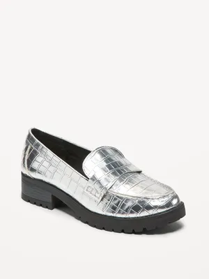 Faux Leather Chunky Heel Loafers for Women