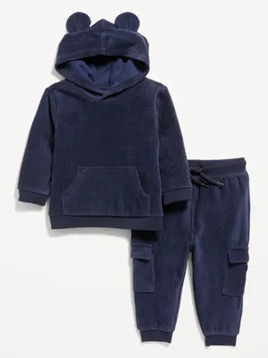 Unisex Ribbed Velour Critter Hoodie and Cargo Joggers Set for Baby