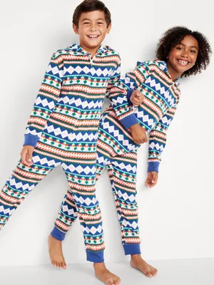 Printed Gender-Neutral Microfleece Hooded One-Piece Pajamas for Kids