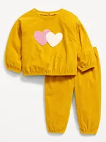 Corduroy Ruffle-Trim Embroidered Hearts Top and Joggers for Baby
