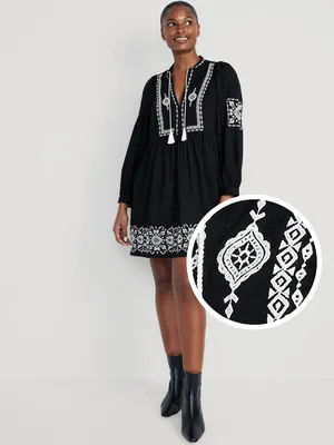 Long-Sleeve Embroidered Mini Swing Dress for Women