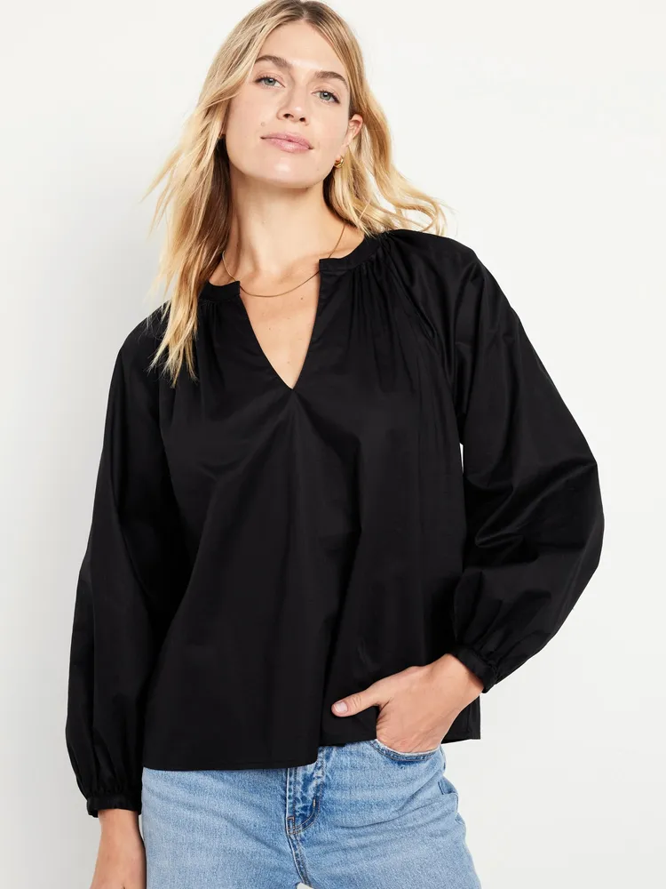 Long-leeve plit-Neck Top