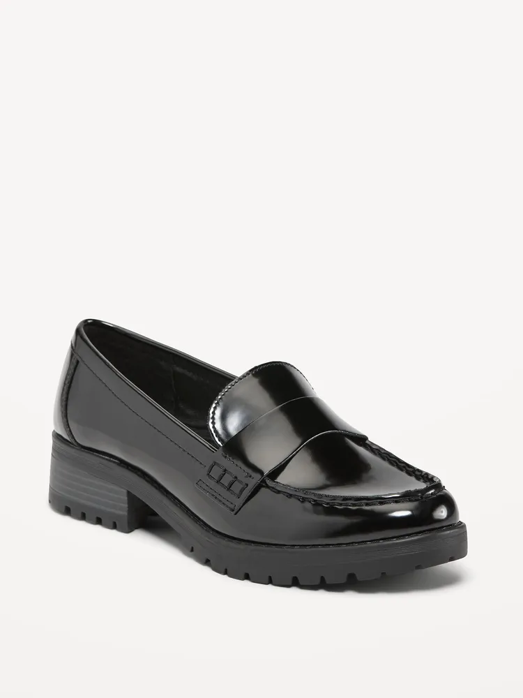 Faux-Leather Chunky Heel Loafers