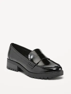 Faux-Leather Chunky Heel Loafers for Women