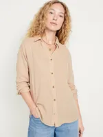 Crinkle Gauze Button-Down Boyfriend Shirt