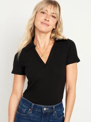 Short-Sleeve Rib-Knit Collared Shirt for Women