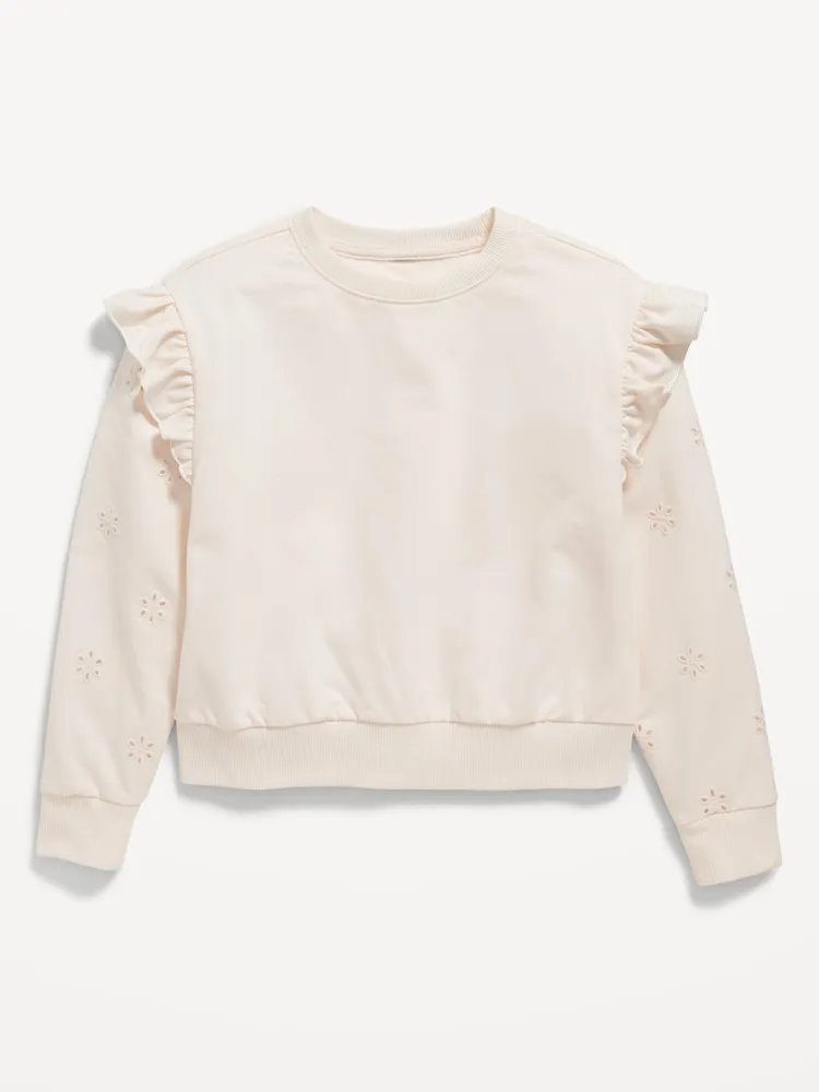 Ruffled Floral-Eyelet Crew-Neck Sweatshirt for Girls