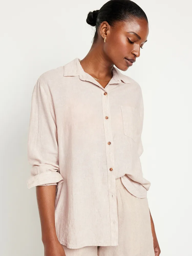Linen-Blend Button-Down Boyfriend Shirt