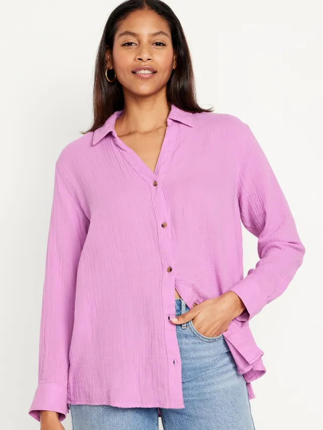 Linen-Blend Button-Down Boyfriend Shirt