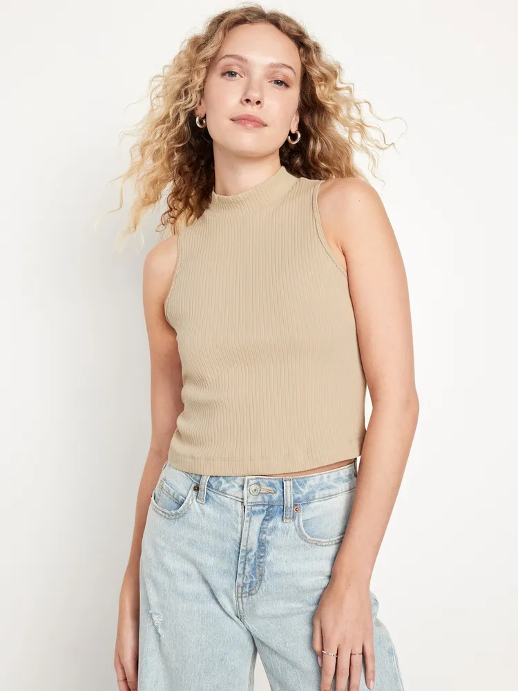 Rib-Knit V-Neck Cropped Halter Top