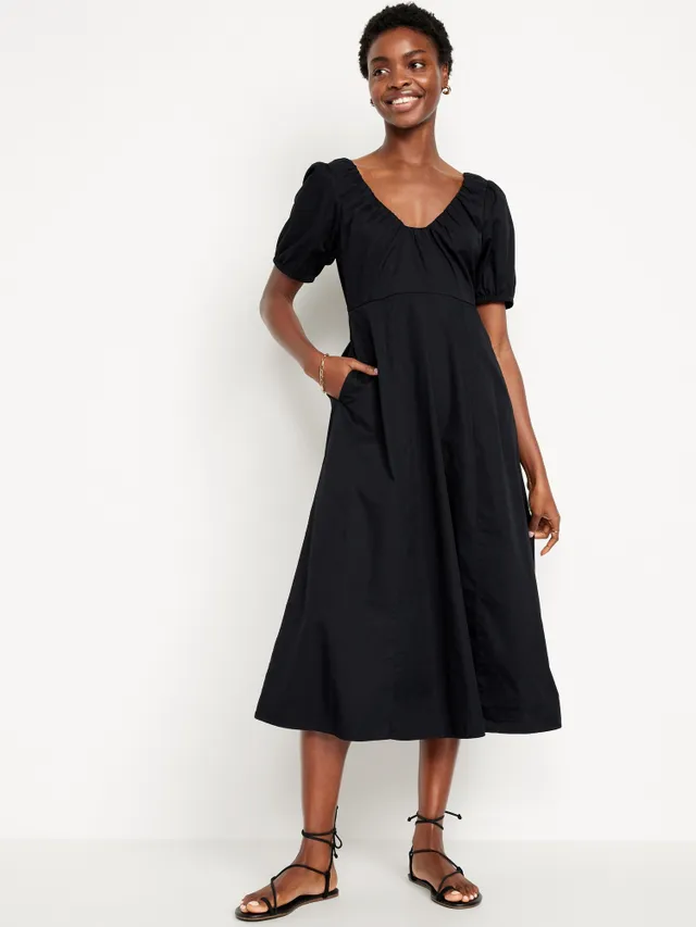 Puff-Sleeve V-Neck Crepe Midi Dress