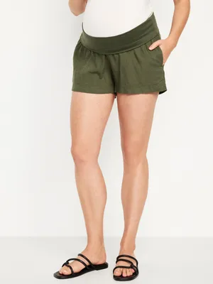 Maternity Rollover-Waist inen Blend Shorts -- 3.5-inch inseam