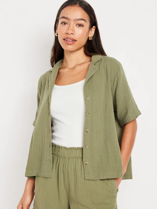 Linen-Blend Button-Down Boyfriend Shirt